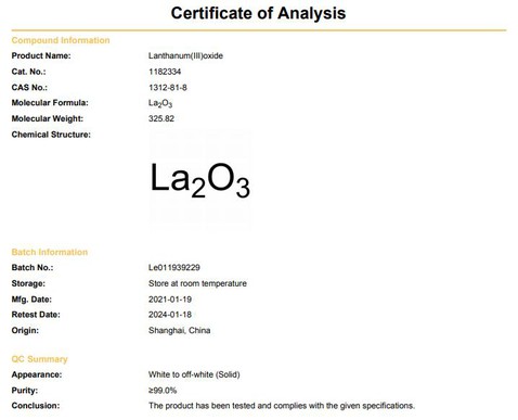 Lanthanum oxide COA CAS 1312-81-8 | Shaanxi BLOOM Tech Co., Ltd Lanthanum oxide COA CAS 1312-81-8 | Shaanxi BLOOM Tech Co., Ltd